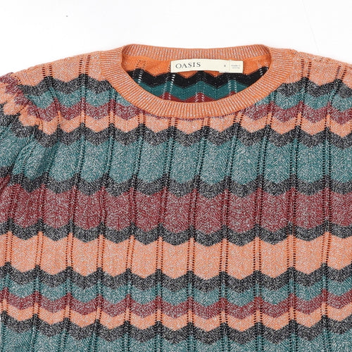 Oasis Womens Multicoloured Round Neck Geometric Cotton Pullover Jumper Size S