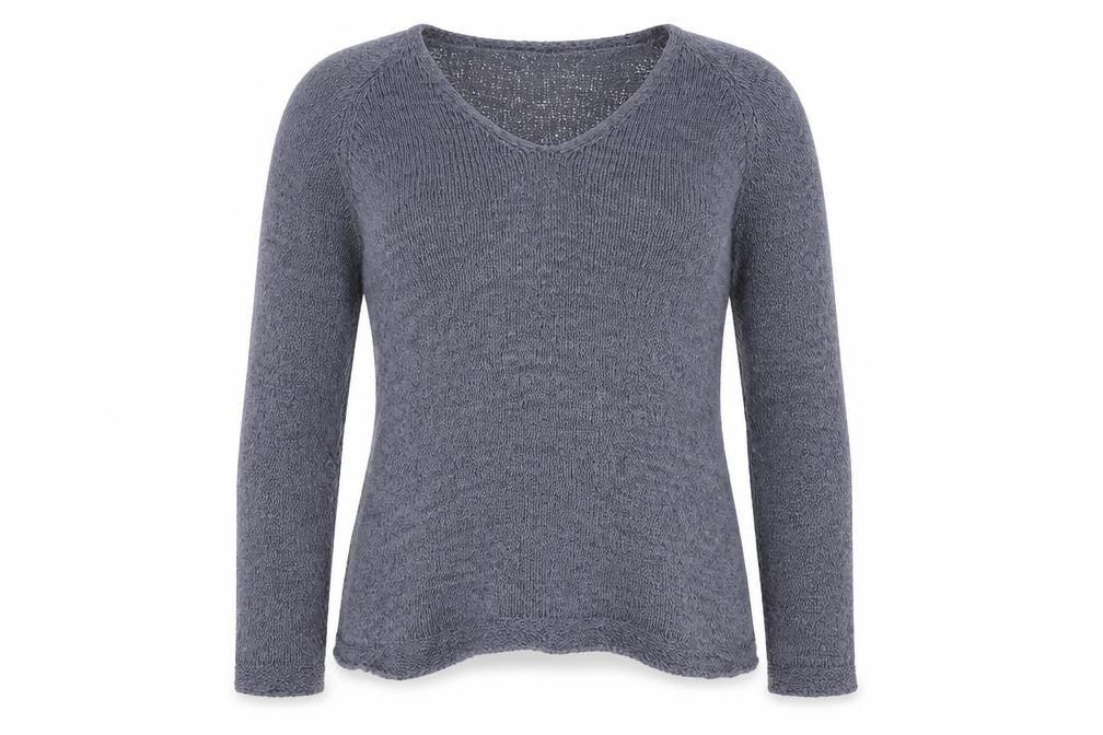 Front view of David Jones women’s blue v-neck acrylic jumper, size L