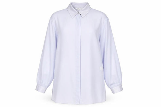 Front view of Whimsy women’s purple polyester tunic blouse, size UK 10, collared