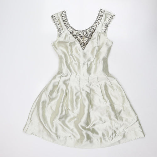 Warehouse Womens Ivory Viscose Ball Gown Size 10 Round Neck Zip