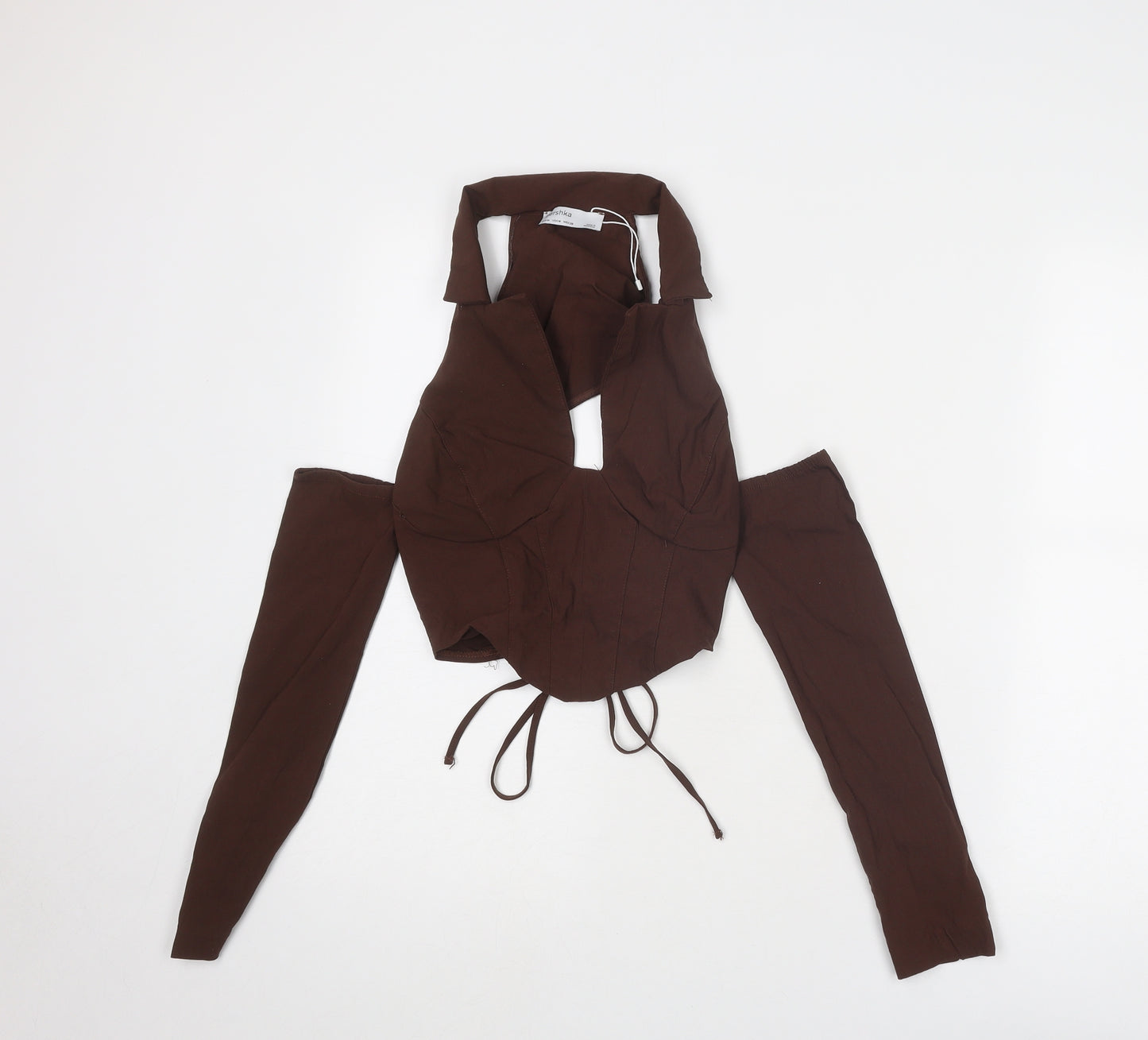 Bershka Womens Brown Polyester Cropped Blouse Size M Collared - Cut Out