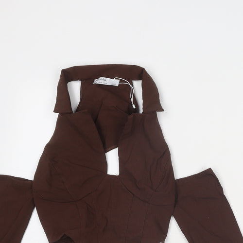 Bershka Womens Brown Polyester Cropped Blouse Size M Collared - Cut Out