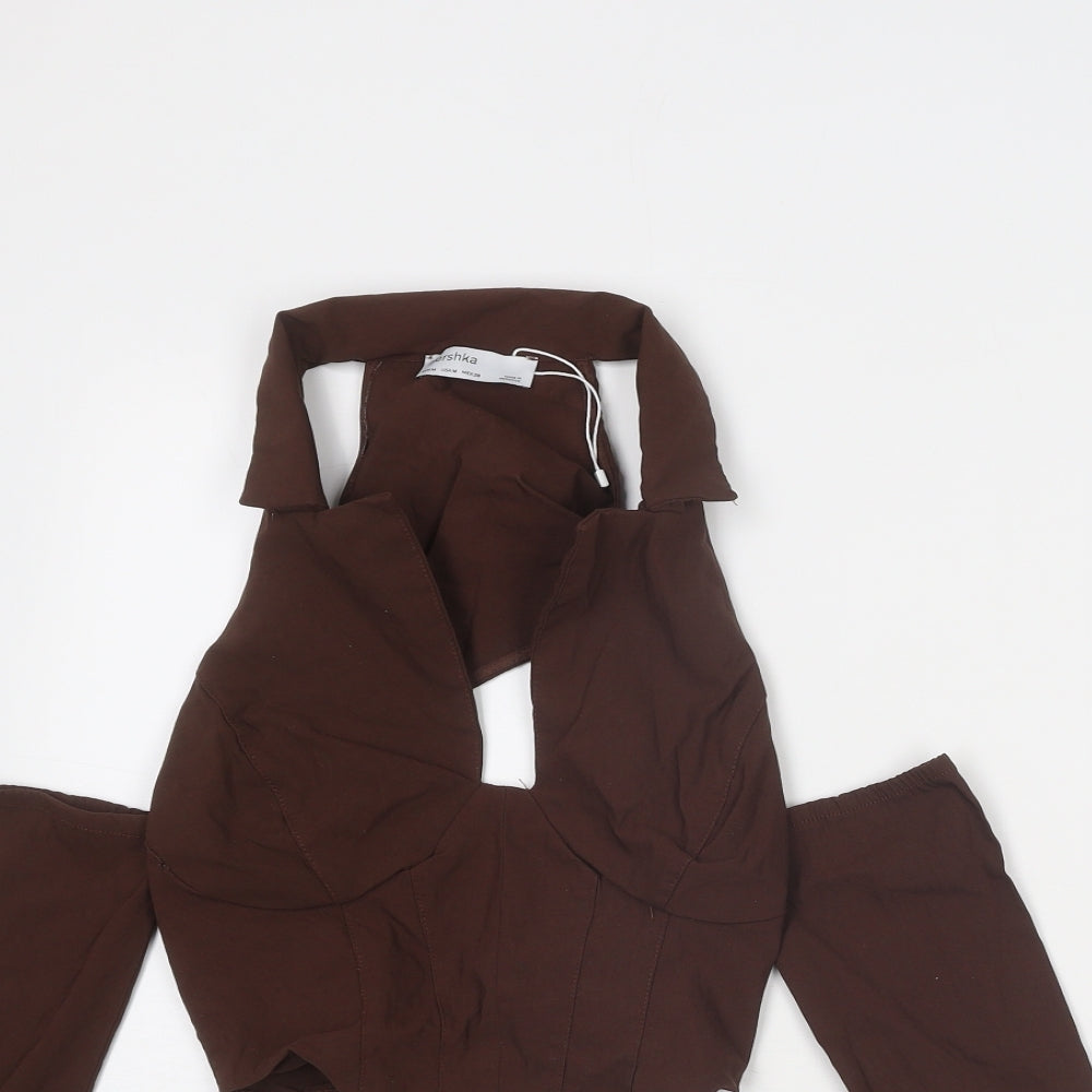 Bershka Womens Brown Polyester Cropped Blouse Size M Collared - Cut Out