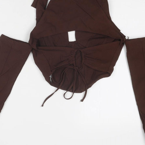 Bershka Womens Brown Polyester Cropped Blouse Size M Collared - Cut Out