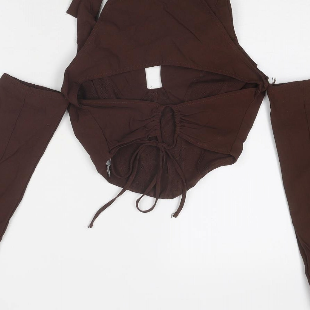 Bershka Womens Brown Polyester Cropped Blouse Size M Collared - Cut Out
