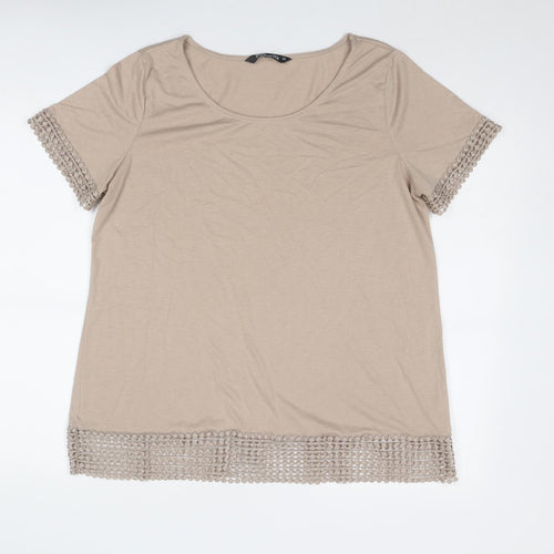 Bonmarché Womens Beige Polyester Basic T-Shirt Size 18 Boat Neck - Crochet Trim