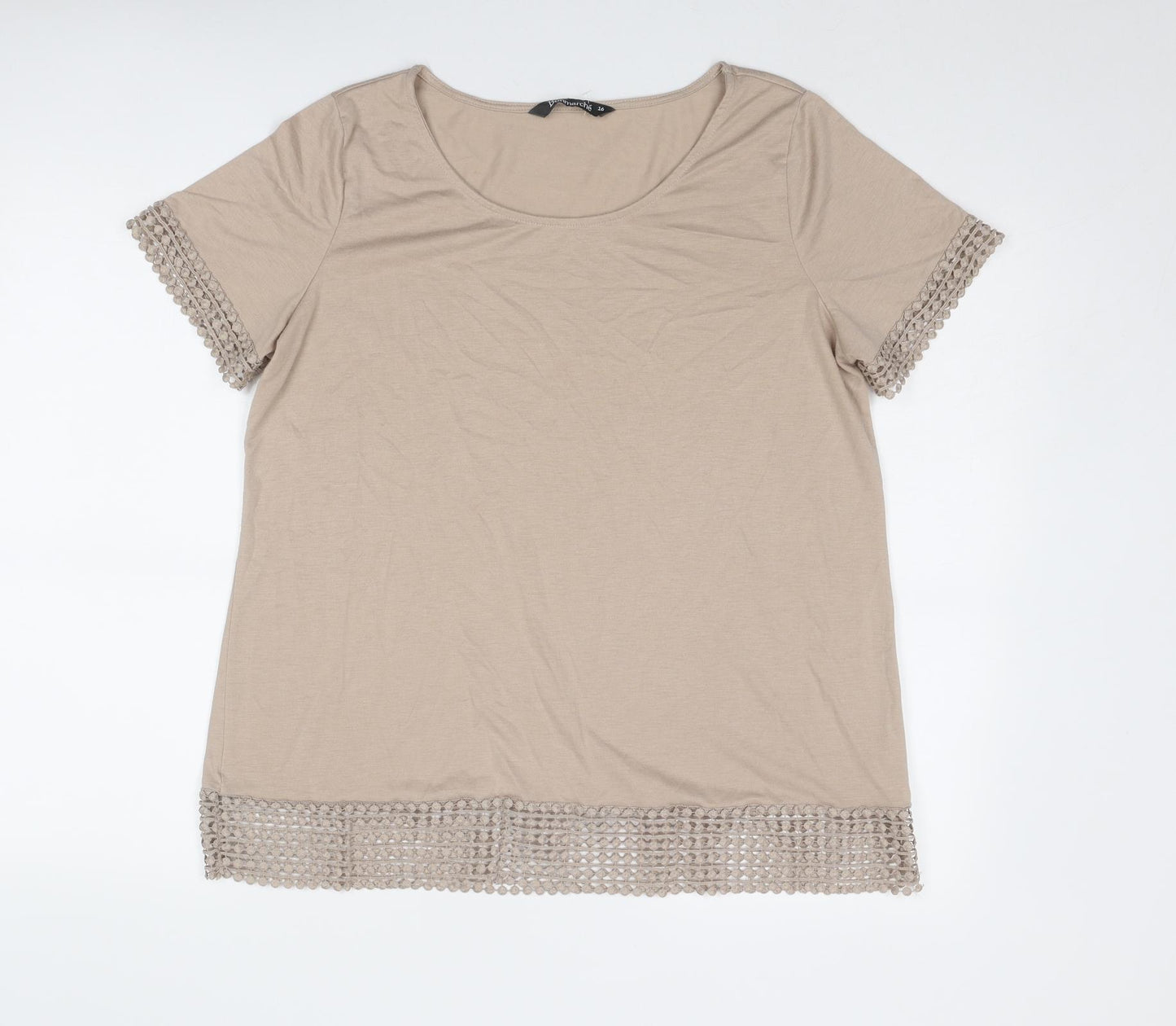 Bonmarché Womens Beige Polyester Basic T-Shirt Size 18 Boat Neck - Crochet Trim