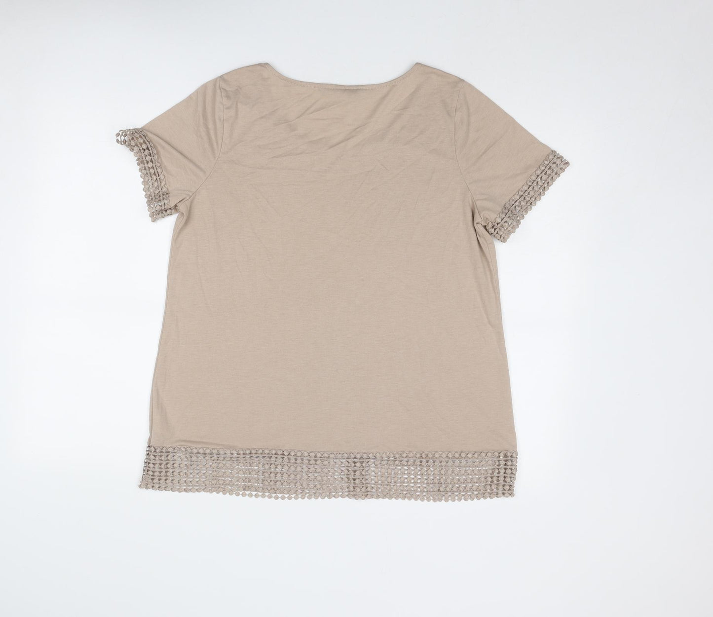 Bonmarché Womens Beige Polyester Basic T-Shirt Size 18 Boat Neck - Crochet Trim