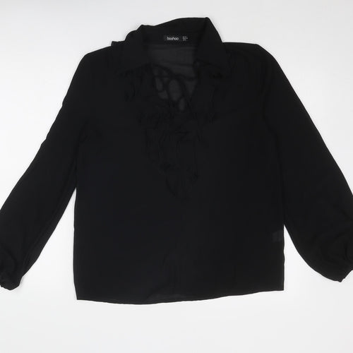 Boohoo Womens Black Polyester Basic Blouse Size 12 V-Neck