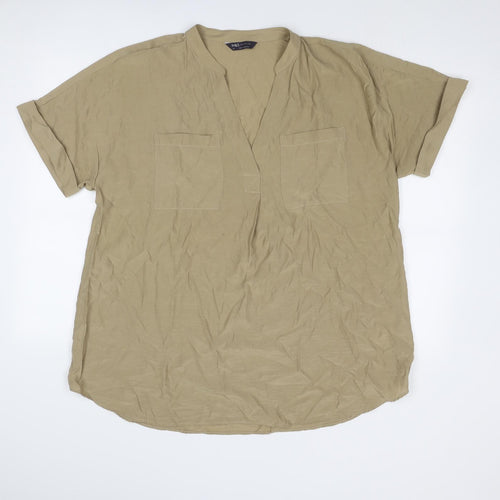 Marks and Spencer Womens Beige Polyester Basic Blouse Size 16 V-Neck