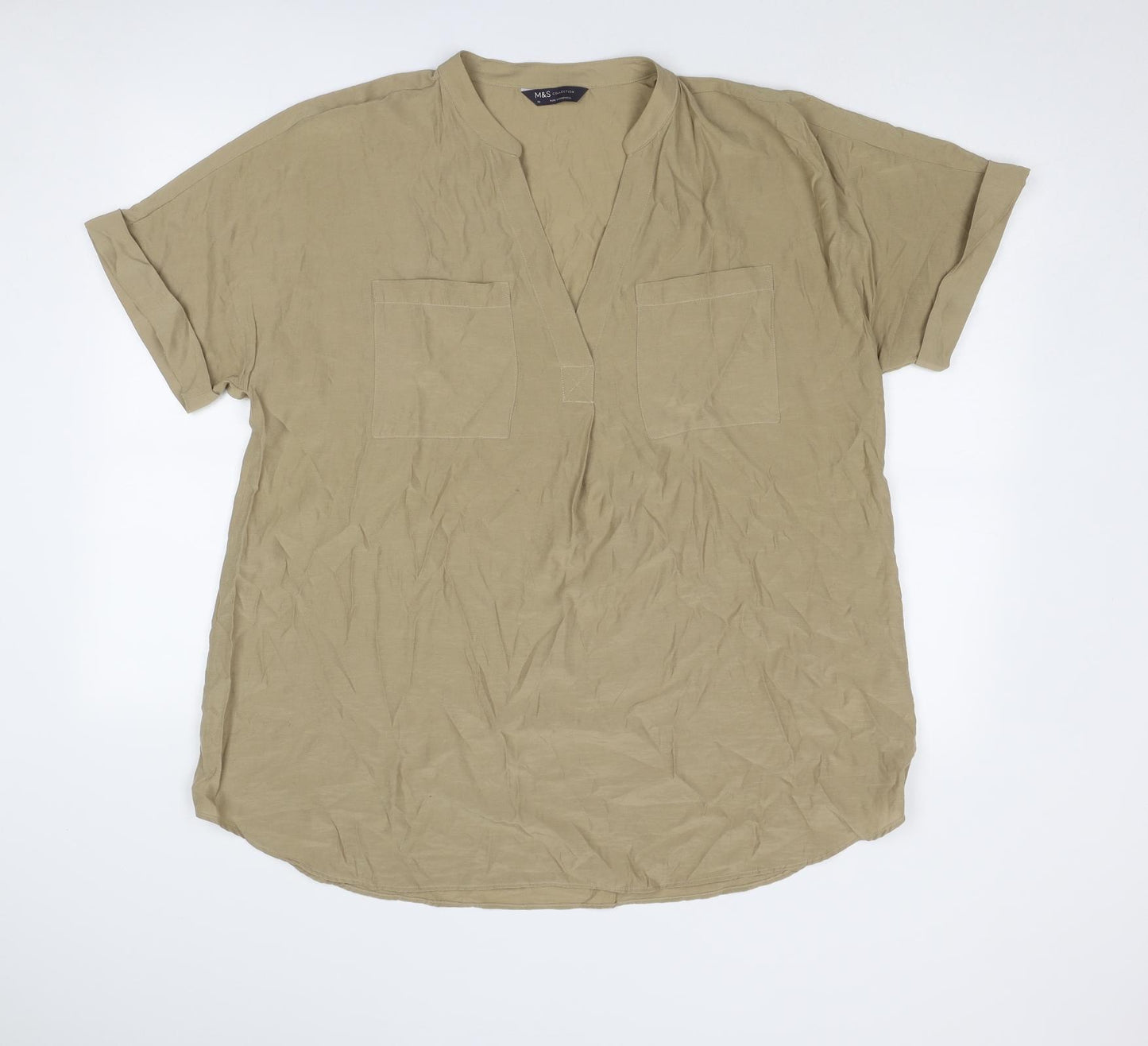 Marks and Spencer Womens Beige Polyester Basic Blouse Size 16 V-Neck