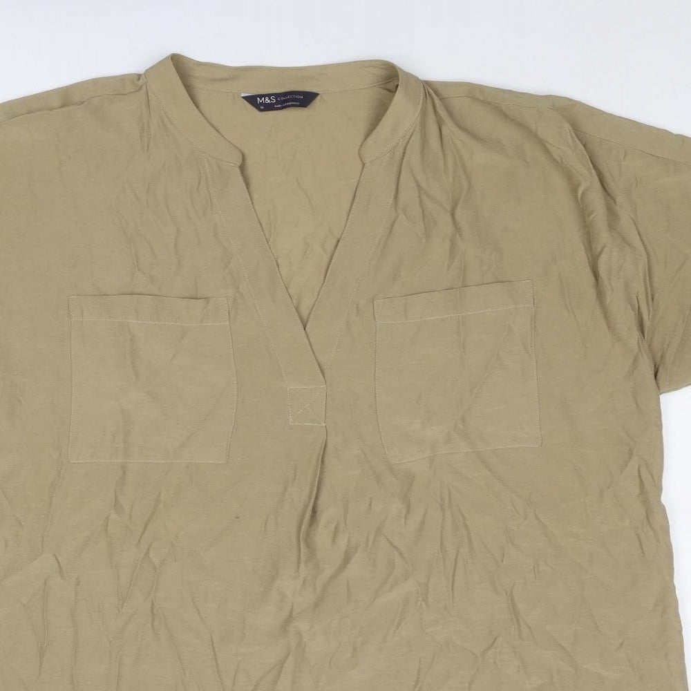 Marks and Spencer Womens Beige Polyester Basic Blouse Size 16 V-Neck