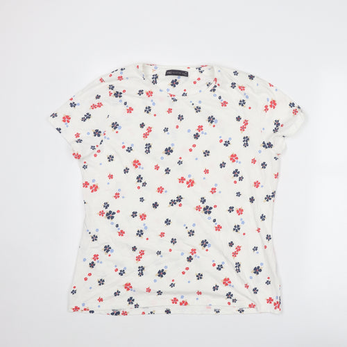 Marks and Spencer Womens White Floral Cotton Basic T-Shirt Size 18 Crew Neck