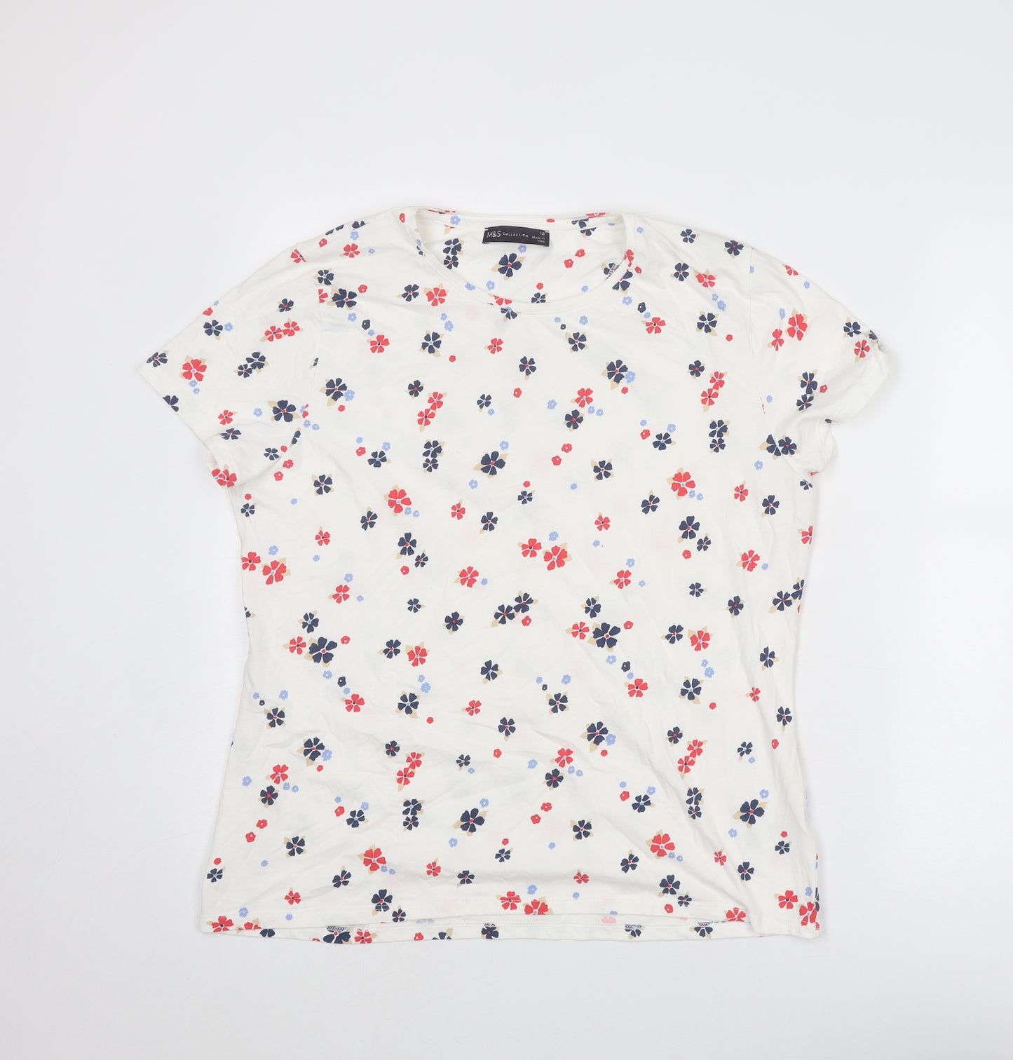 Marks and Spencer Womens White Floral Cotton Basic T-Shirt Size 18 Crew Neck