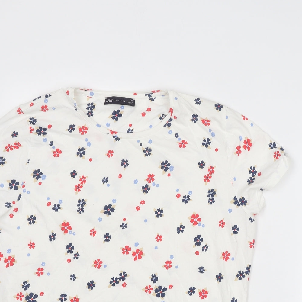 Marks and Spencer Womens White Floral Cotton Basic T-Shirt Size 18 Crew Neck