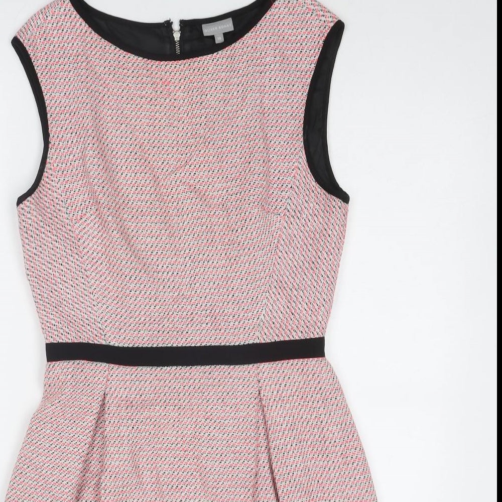 Oliver Bonas Womens Pink Geometric Cotton Shift Size 10 Round Neck Zip