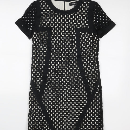 NEXT Womens Black Geometric Cotton A-Line Size 10 Round Neck Zip