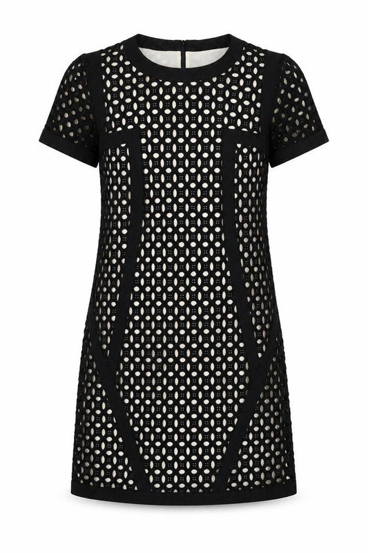 Front view of Next women’s black geometric cotton a-line, size UK 10, round neck zip