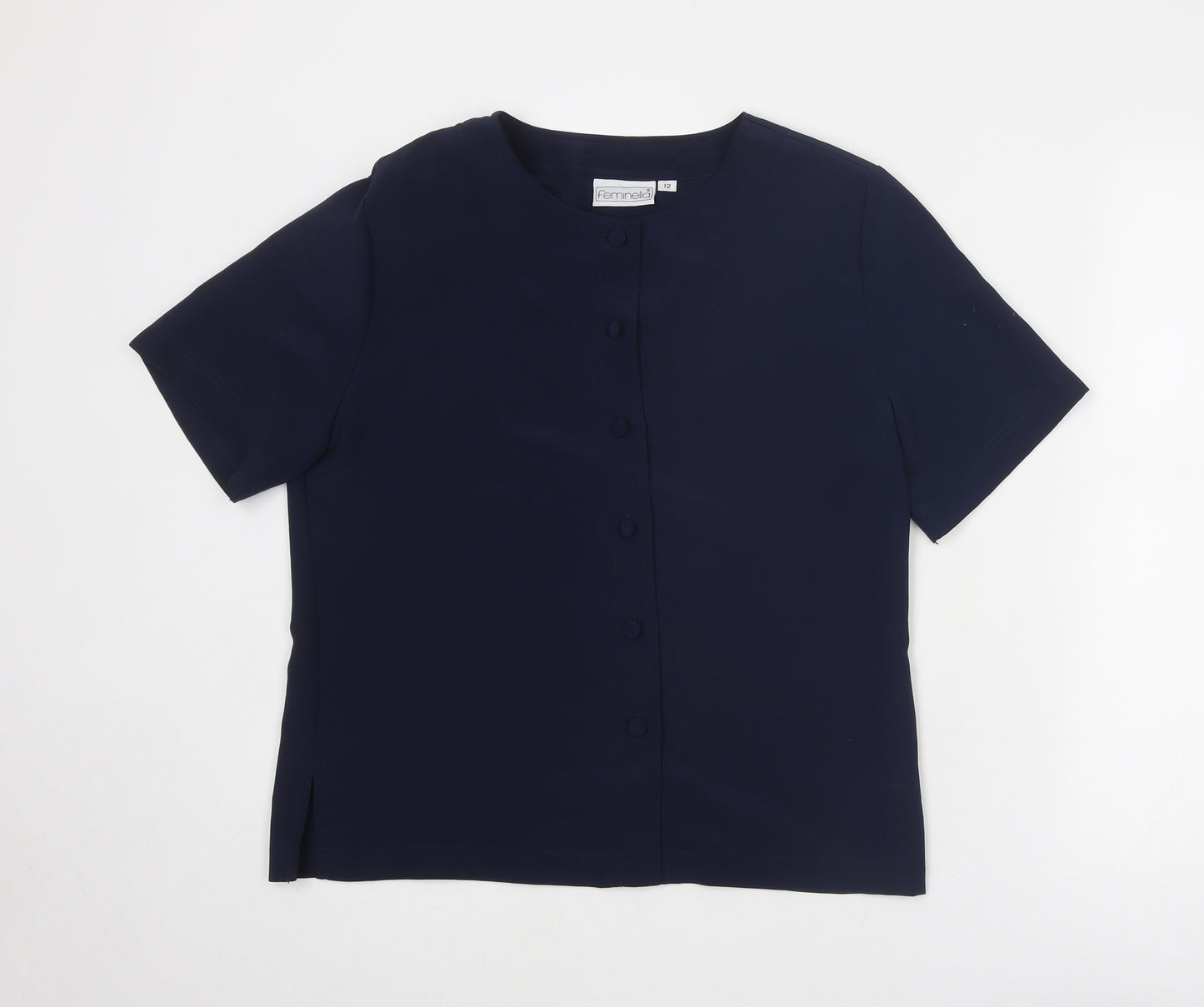 Feminella Womens Blue Polyester Basic Button-Up Size 12 Round Neck