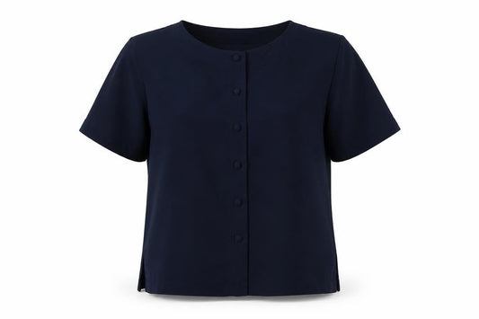 Front view of Feminella women’s blue polyester basic button-up, size UK 12, round neck