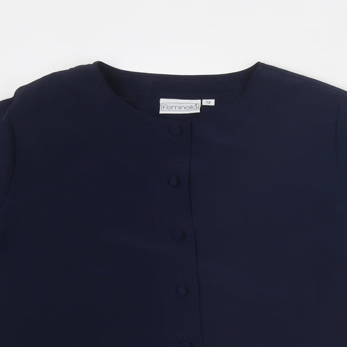 Feminella Womens Blue Polyester Basic Button-Up Size 12 Round Neck