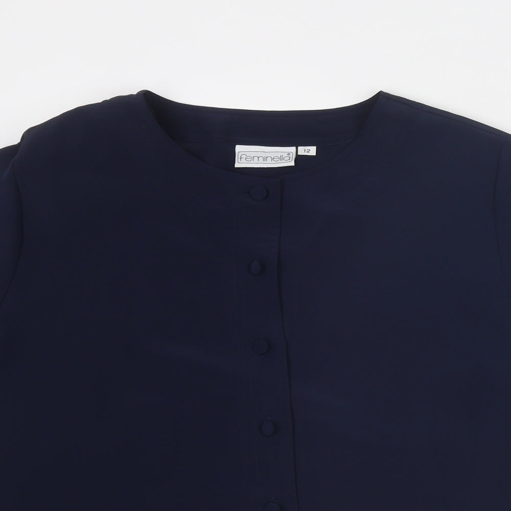 Feminella Womens Blue Polyester Basic Button-Up Size 12 Round Neck