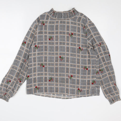 Franesa Womens Grey Check Polyester Basic Blouse Size M High Neck
