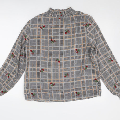Franesa Womens Grey Check Polyester Basic Blouse Size M High Neck