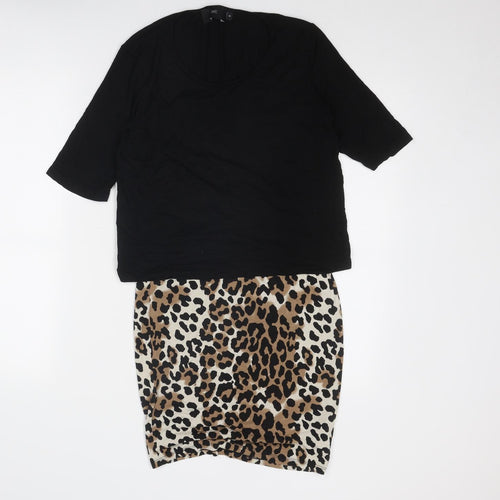 NEXT Womens Black Animal Print Viscose A-Line Size 10 Boat Neck Zip - Leopard Pattern