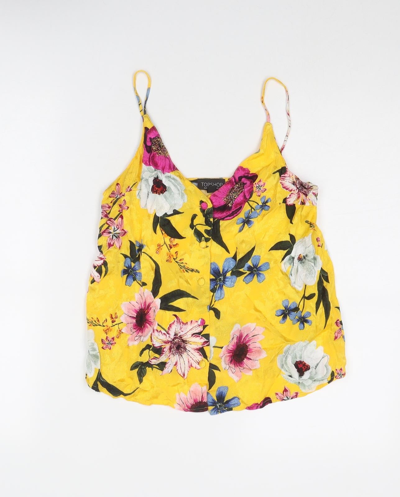 Topshop Womens Yellow Floral Viscose Basic Tank Size 6 V-Neck