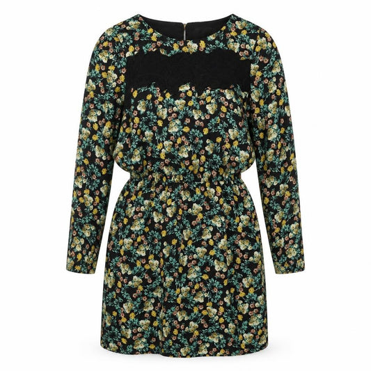 Front view of Limited Edition women’s black floral polyester a-line, size UK 10, round neck button
