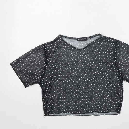 PRETTYLITTLETHING Womens Black Polka Dot Polyester Basic T-Shirt Size 10 Round Neck