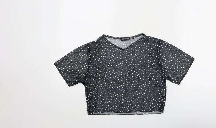 PRETTYLITTLETHING Womens Black Polka Dot Polyester Basic T-Shirt Size 10 Round Neck