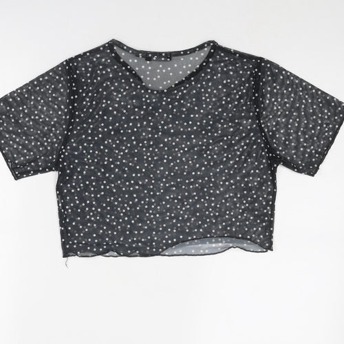 PRETTYLITTLETHING Womens Black Polka Dot Polyester Basic T-Shirt Size 10 Round Neck