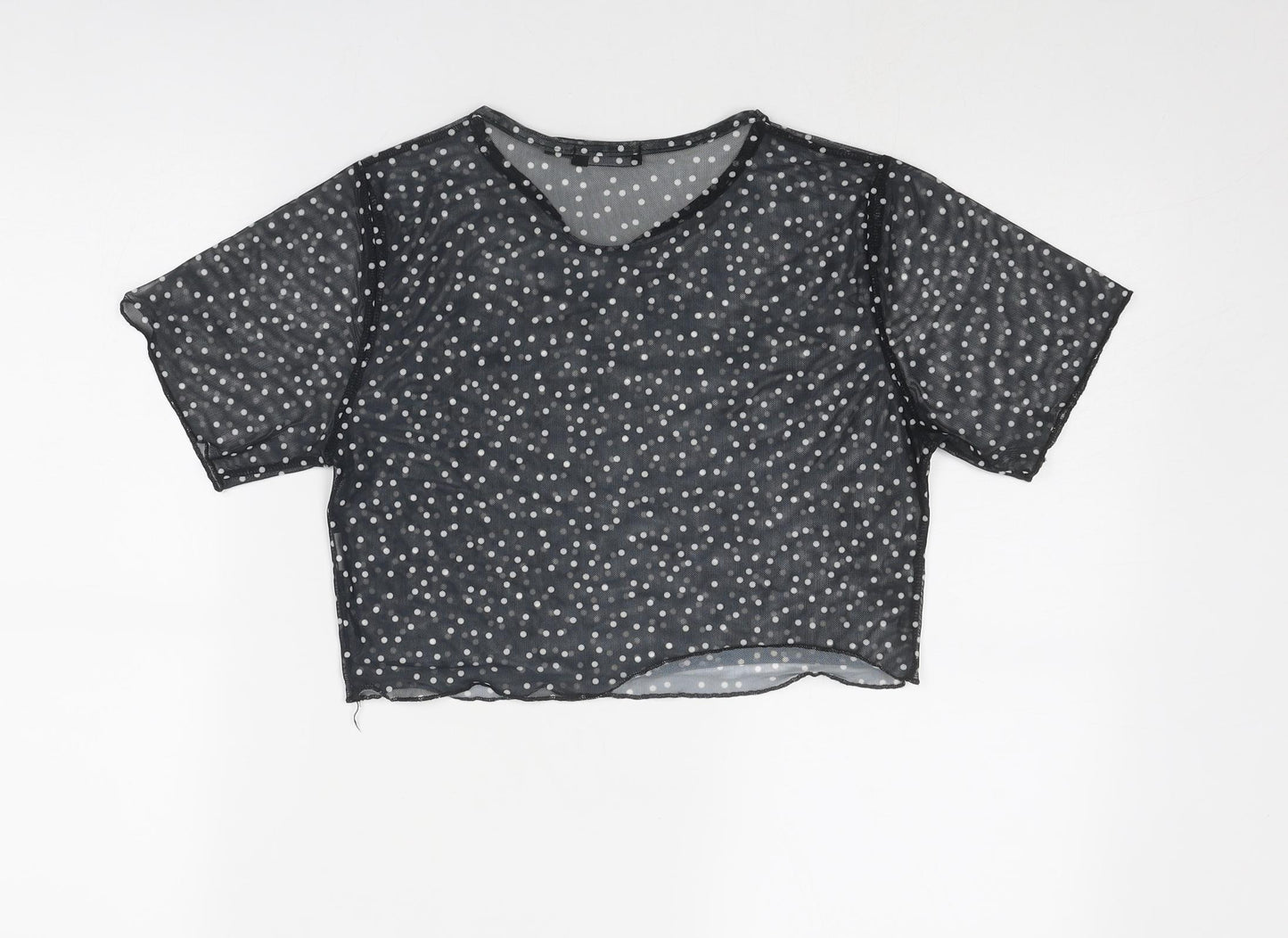PRETTYLITTLETHING Womens Black Polka Dot Polyester Basic T-Shirt Size 10 Round Neck