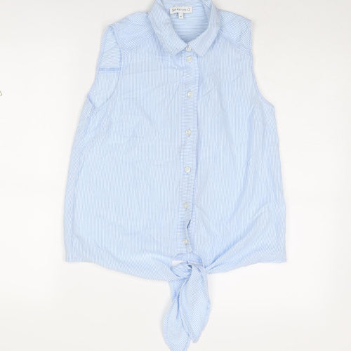 Warehouse Womens Blue Striped Cotton Basic Button-Up Size 10 Collared - Knot Front