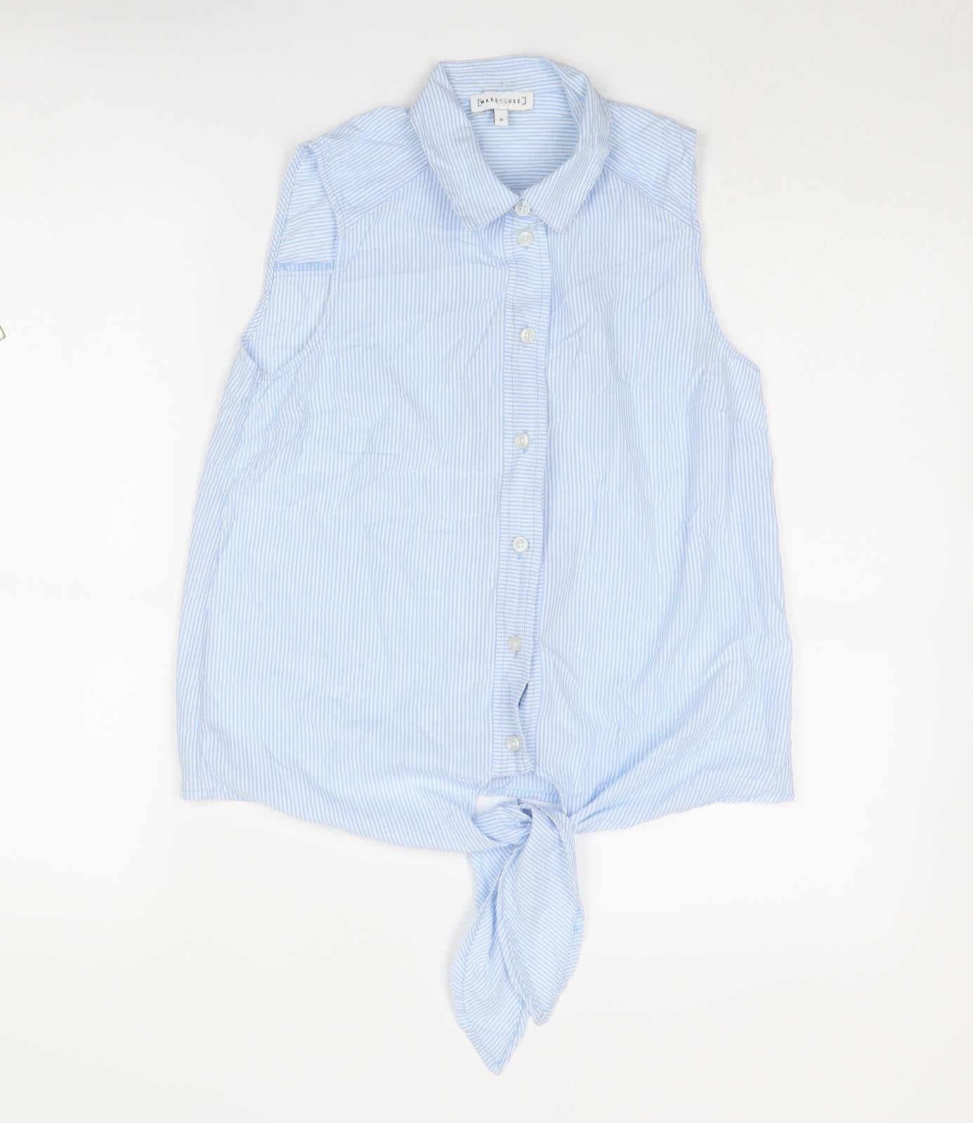 Warehouse Womens Blue Striped Cotton Basic Button-Up Size 10 Collared - Knot Front