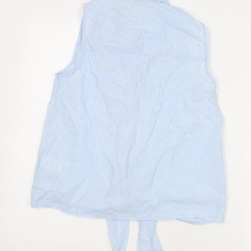 Warehouse Womens Blue Striped Cotton Basic Button-Up Size 10 Collared - Knot Front