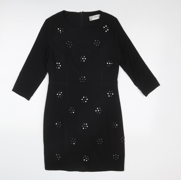 Voulez-Vous Womens Black Geometric Polyester A-Line Size 10 Round Neck Zip