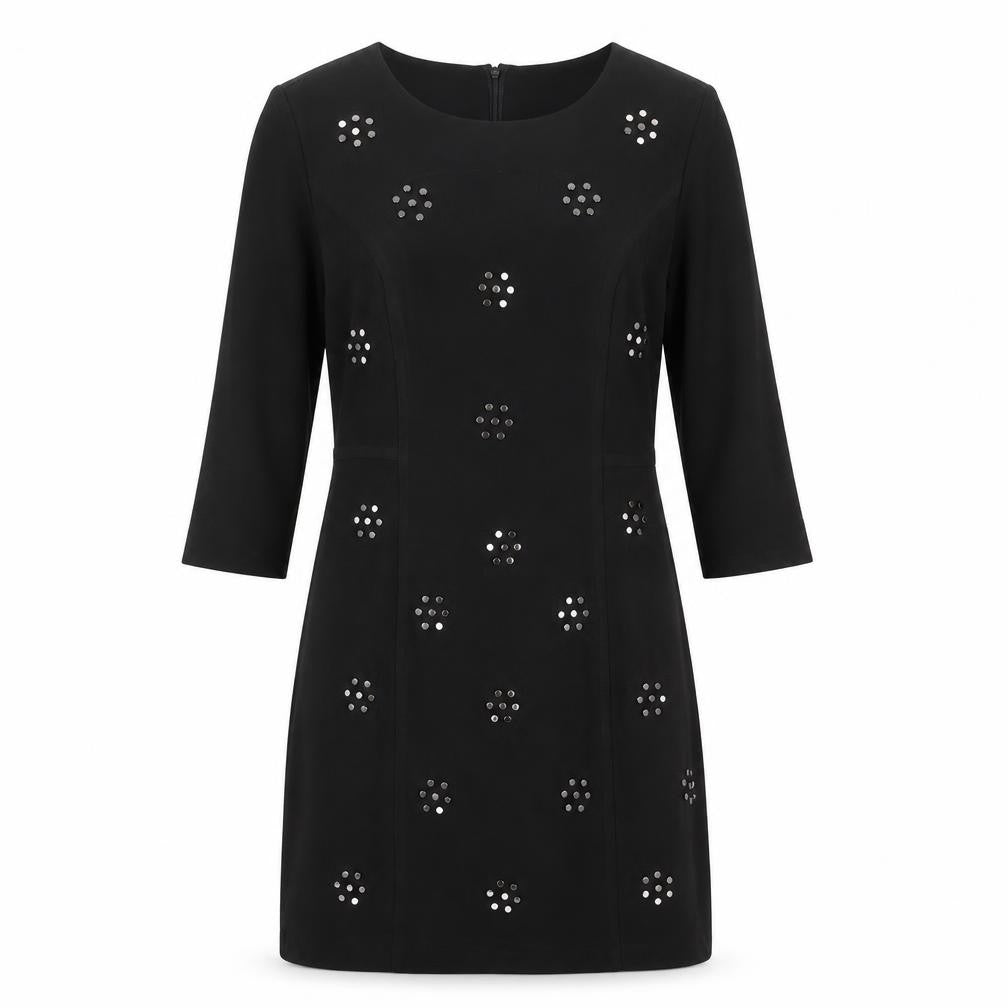 Front view of Voulez-Vous women’s black geometric polyester a-line, size UK 10, round neck zip