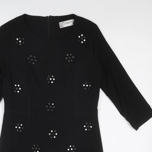 Voulez-Vous Womens Black Geometric Polyester A-Line Size 10 Round Neck Zip