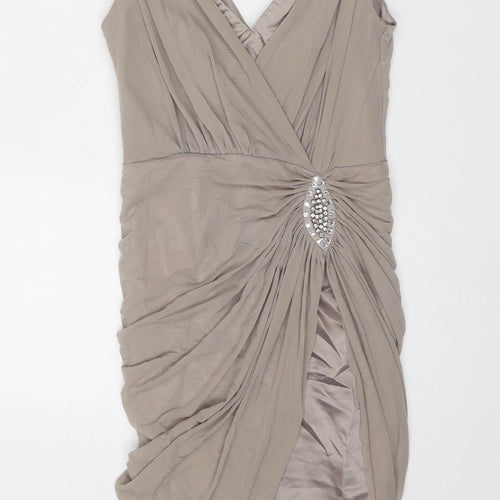 Lipsy Womens Beige Polyamide Slip Dress Size 8 V-Neck Zip
