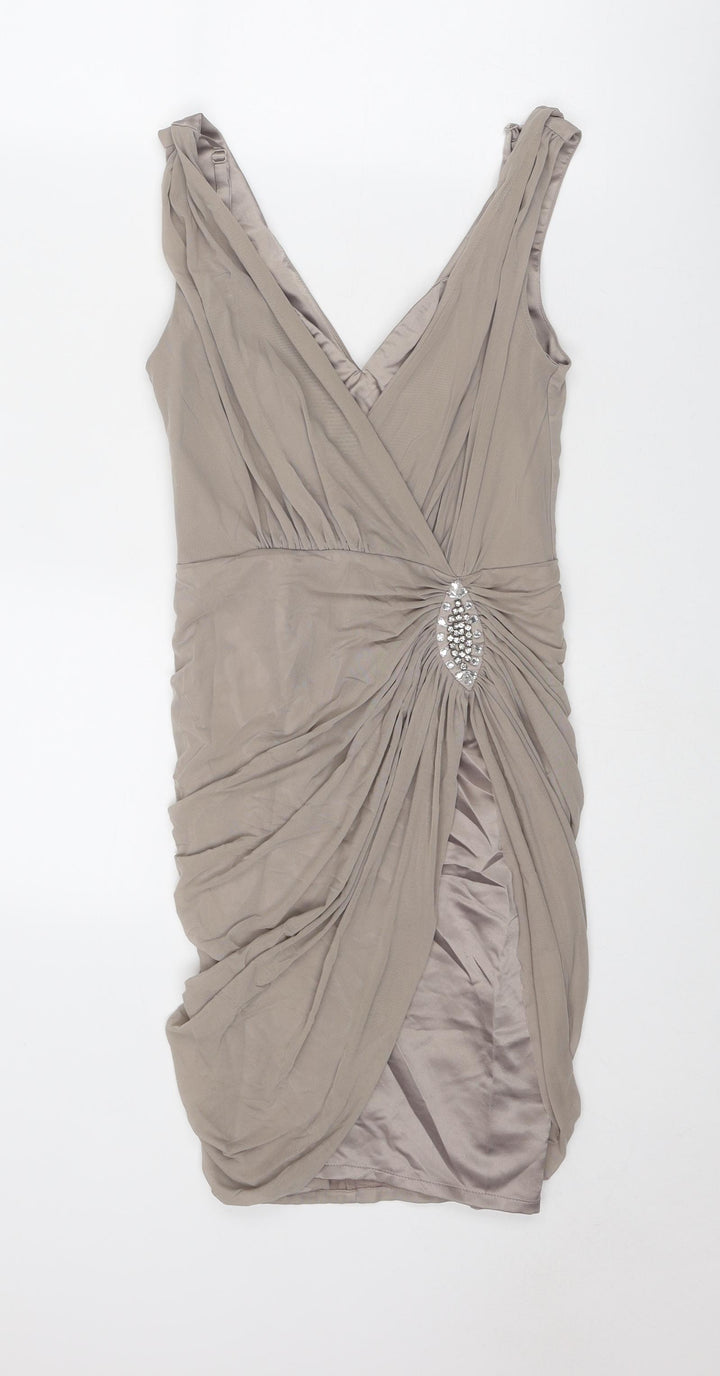 Lipsy Womens Beige Polyamide Slip Dress Size 8 V-Neck Zip
