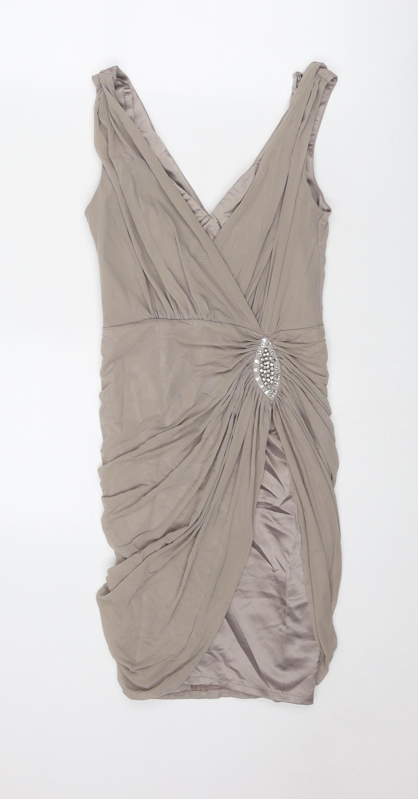 Lipsy Womens Beige Polyamide Slip Dress Size 8 V-Neck Zip