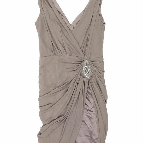 Lipsy Womens Beige Polyamide Slip Dress Size 8 V-Neck Zip