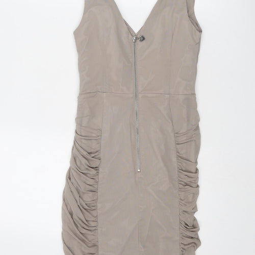 Lipsy Womens Beige Polyamide Slip Dress Size 8 V-Neck Zip