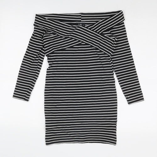 Dotti Womens Black Striped Viscose Bodycon Size 10 Off the Shoulder Pullover