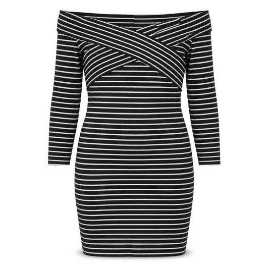 Front view of Dotti women’s black striped viscose bodycon, size UK 10, off the shoulder pullover