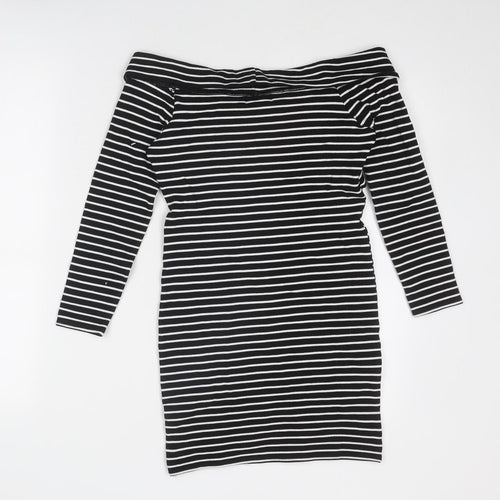 Dotti Womens Black Striped Viscose Bodycon Size 10 Off the Shoulder Pullover