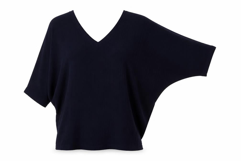 Front view of QED London women’s blue polyester basic blouse, size S, v-neck -, size S-m